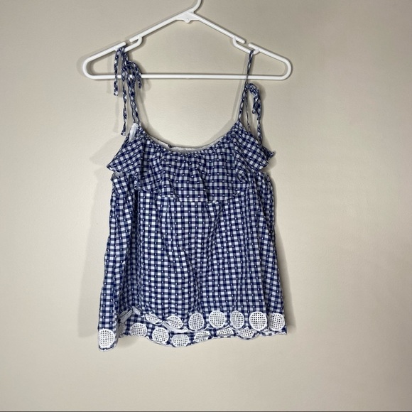 J Crew Blue White Gingham Plaid Ruffle Eyelet Tie Shoulder Top Blouse Size 12 - Picture 3 of 10